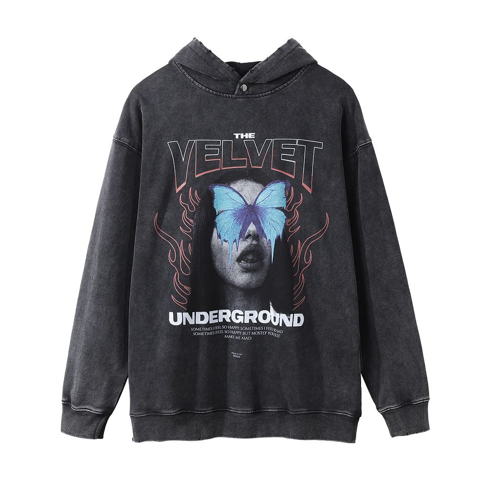 Dark Style Character Print Hoodie Men's High Street Trendy Brand Washed Vintage Distressed Loose Hooded Sweatshirt_viptrois.com