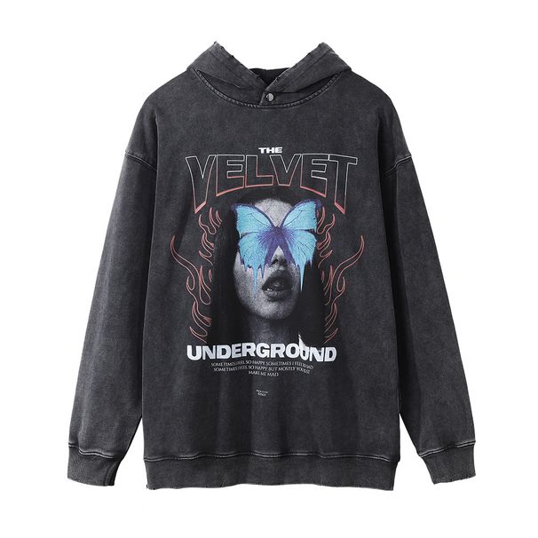 Dark Style Character Print Hoodie Men's High Street Trendy Brand Washed Vintage Distressed Loose Hooded Sweatshirt_viptrois.com