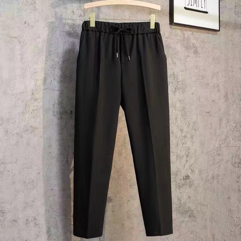 Men's Clothing Summer Thin Tapered All Match Drape Straight Trousers Men's Solid Color Trendy Drawstring Slim Fitting Non Iron Nine Point Casual Pants_viptrois.com