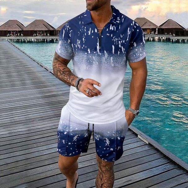Men's Clothing Summer Fashion Men's New Digital Printing Zipper Short Sleeved Shorts Two Piece Suit_viptrois.com