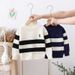 "Boys' Striped Knit Sweater – Soft Cotton-Blend Pullover For Autumn & Winter – Classic Crew Neck – Royal Blue/Greyish/Opalescent (90-130cm)"_viptrois.com