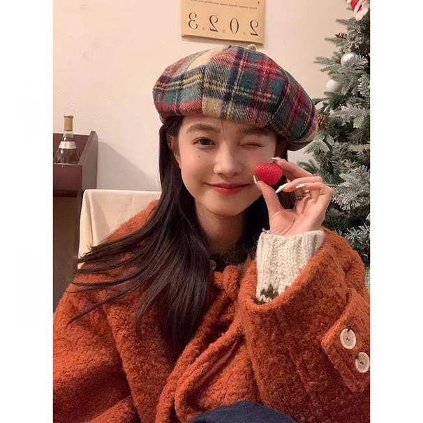Small niche beret women's new color grid fresh bud woolen painter pumpkin hat_viptrois.com