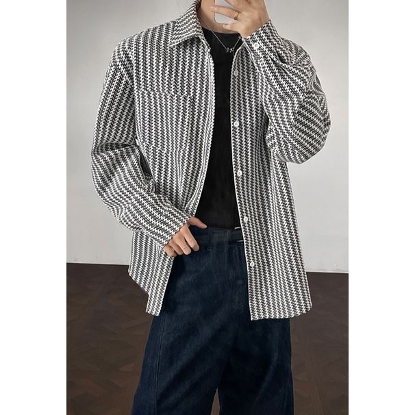 Heavyweight Herringbone Pattern Style Shirt Men's American Retro Spring Autumn High-end Cool Turn-down Collar_viptrois.com
