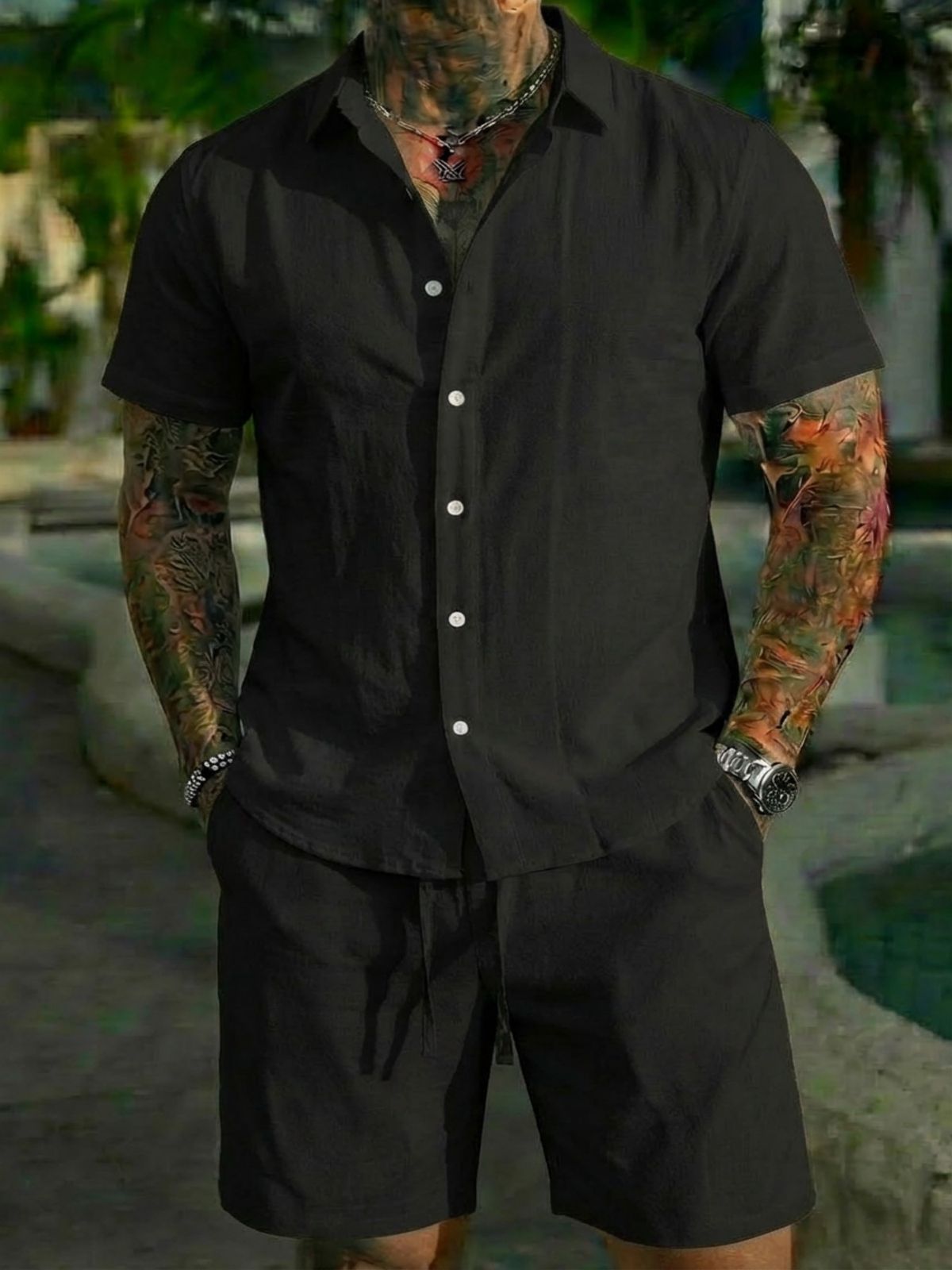 Men's Short Sleeve Shirt & Shorts Set - Lightweight Summer Beach Outfit For Casual & Vacation Wear (White, Black, Sky Blue, Pink)_viptrois.com