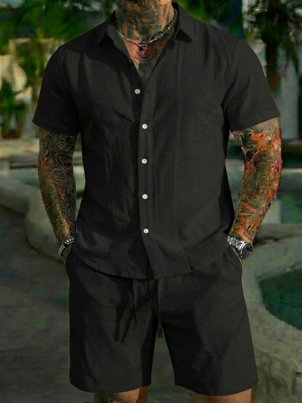 Men's Short Sleeve Shirt & Shorts Set - Lightweight Summer Beach Outfit For Casual & Vacation Wear (White, Black, Sky Blue, Pink)_viptrois.com