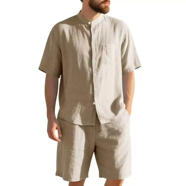 Men's Clothing Summer Shirt Set American Style Solid Color Stand Up Collar Loose Casual Breathable Linen_viptrois.com