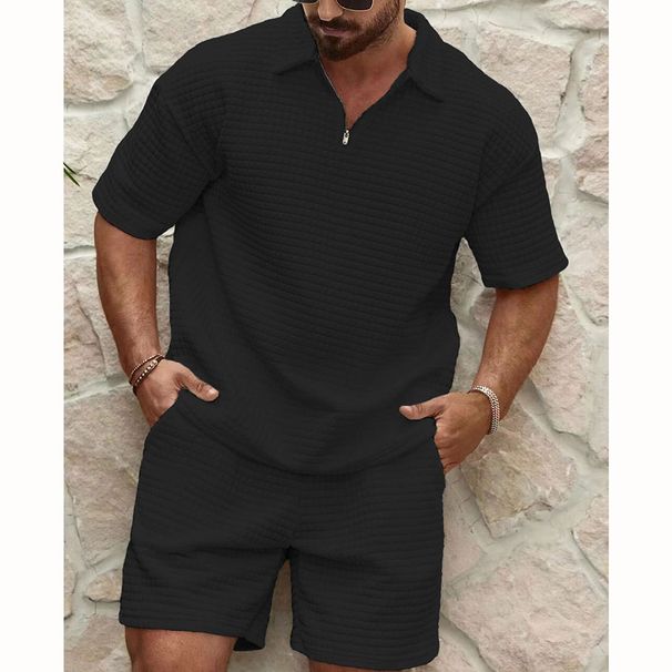 Men's Clothing Summer Men's Suit Fashion Waffle Solid Color Lapel Polo Shirt Short Sleeve Shorts Sports Suit_viptrois.com
