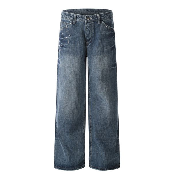 Men's Jeans Washed Distressed Vintage American High Street Design Rivet Decoration Loose Wide-Leg Straight Long Pants_viptrois.com