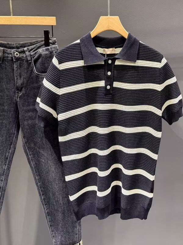Men's Color Blocked Striped Polo Shirt Short Sleeved Slim Fit Business Casual Ice Silk Knitted Collared T-Shirt Summer_viptrois.com
