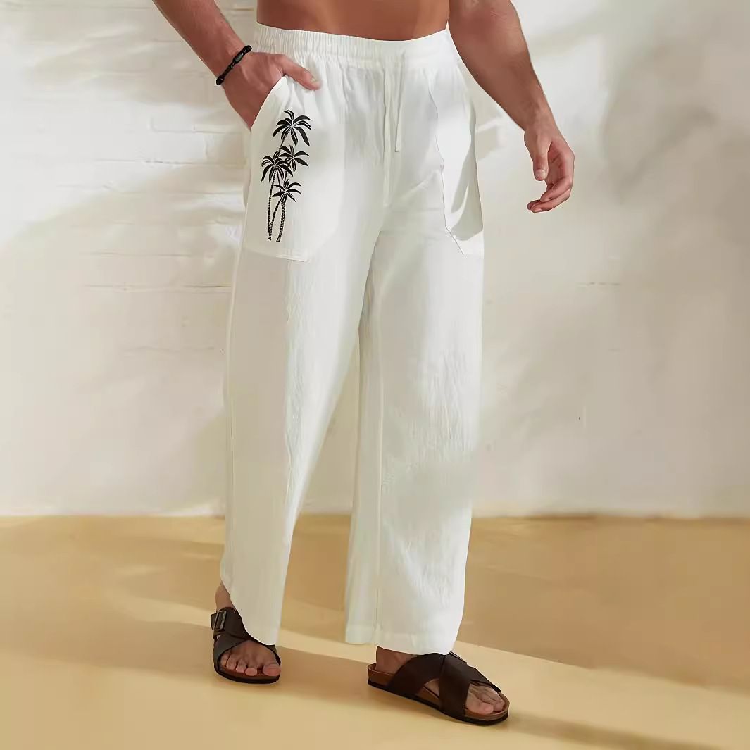 Men's Clothing Men's New Comfortable Casual Loose Wide Leg Pants Coconut Tree Print Beach Pants Trousers_viptrois.com