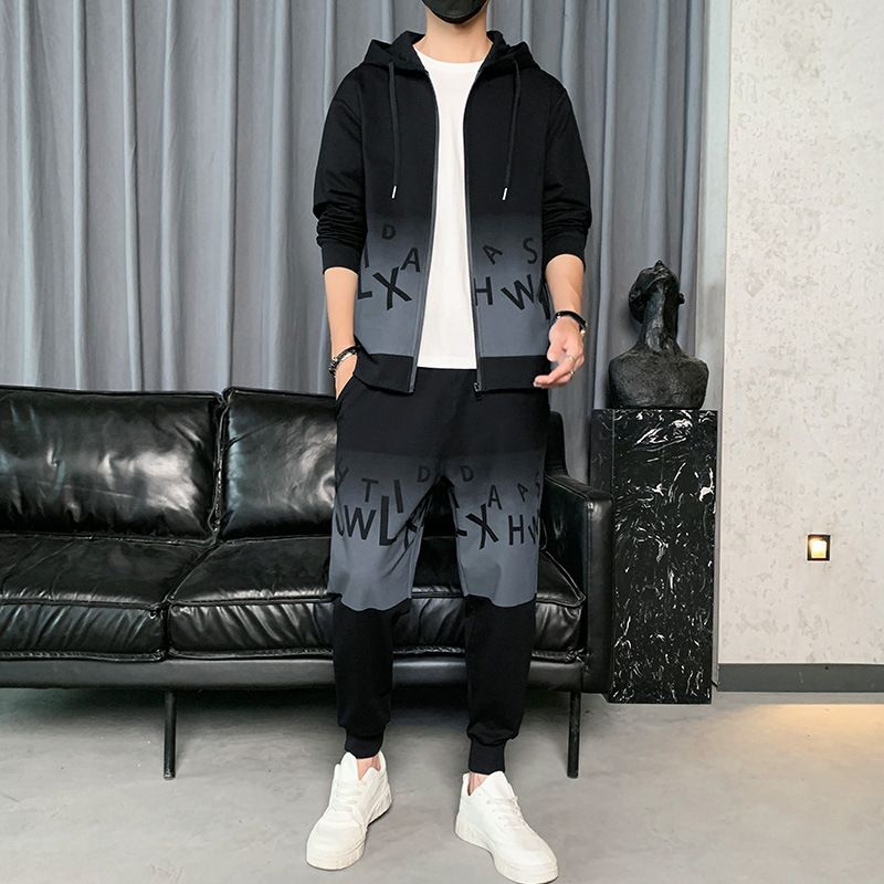 Men's Clothing men's spring and autumn fashion hooded cardigan sweatshirt large size loose sweatpants a complete set of casual sports suits_viptrois.com