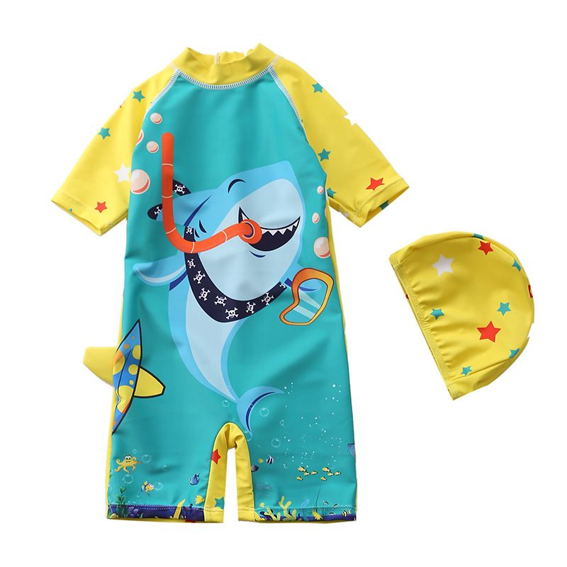 Children's Swimsuit Boy One Piece Dinosaur Hooded Swimsuit Long Sleeved Beach Sunscreen Baby Hot Spring Swimsuit_viptrois.com