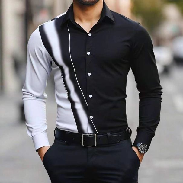 Men's Shirt 2025 New Color Matching Business Casual Four Sided Stretch Printing Comfortable Shirt Men's Long Sleeve_viptrois.com