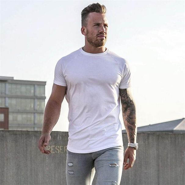 Foreign Trade Cotton Ammonia Slim-fit Elastic Short-sleeved Men's Fitness And Bodybuilding T-shirt, Slim-fit Elastic Solid-color Light Board Top_viptrois.com
