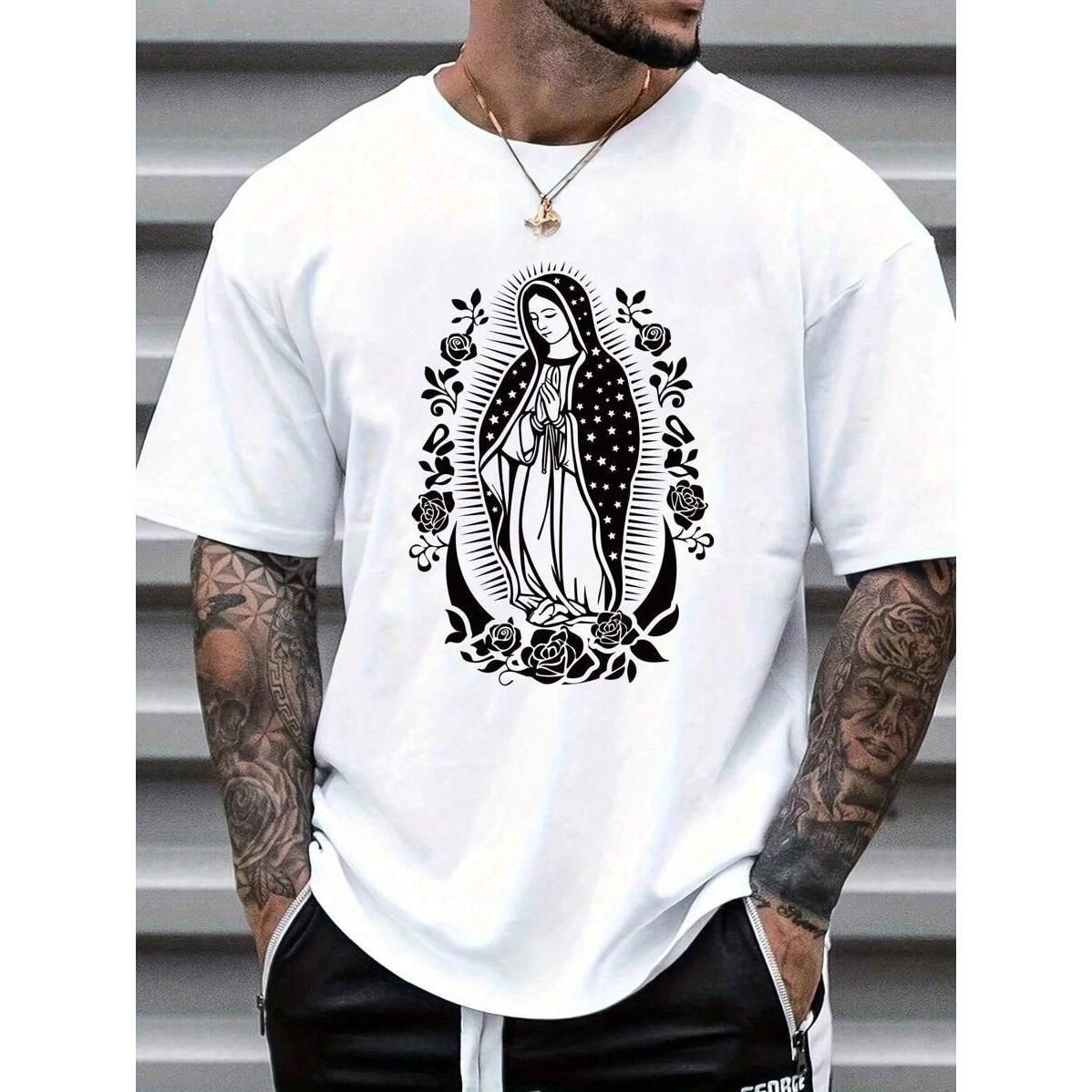 Manfinity Camiseta Manga Corta Casual Para Hombre Con Estampado De La Virgen María_viptrois.com