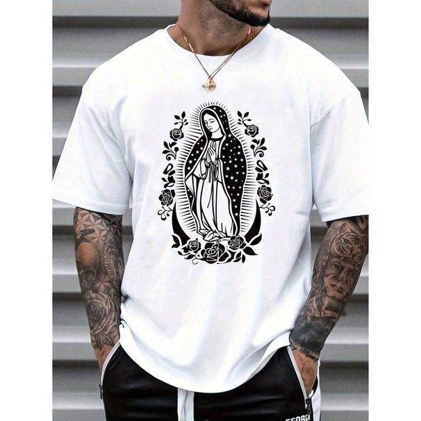 Manfinity Camiseta Manga Corta Casual Para Hombre Con Estampado De La Virgen María_viptrois.com