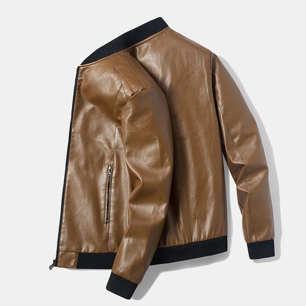 Men's Slim Fit PU Leather Jacket Biker Coat With Zipper Details, Lightweight Motorcycle-Inspired Jacket For Spring & Fall_viptrois.com