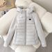 Women's Quilted Puffer Jacket with Silicone Triangle Print Hooded Short Coat Warm Outerwear for Petite Loose Fit Lightweight Winter_viptrois.com