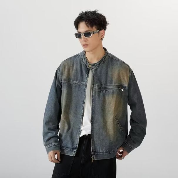 Men's Clothing Washed Retro Nostalgic Blue Denim Jacket Trendy Loose Heavy Duty Handsome Zipper Jacket Top_viptrois.com