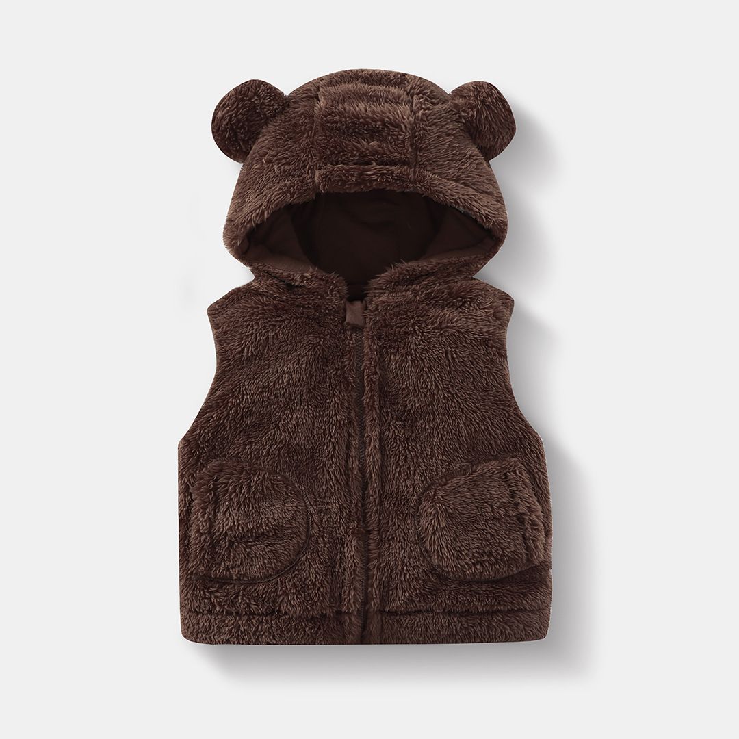 New Autumn And Winter Plush Hooded Zipper Children's Vest Bear Outer Wear Sleeveless Jacket Top School Uniform Artifact_viptrois.com