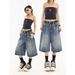 Men's Clothing Retro Washed Old Lightning Pattern Three Quarter Denim Shorts Loose Straight Wide Leg Mid Length Pants_viptrois.com