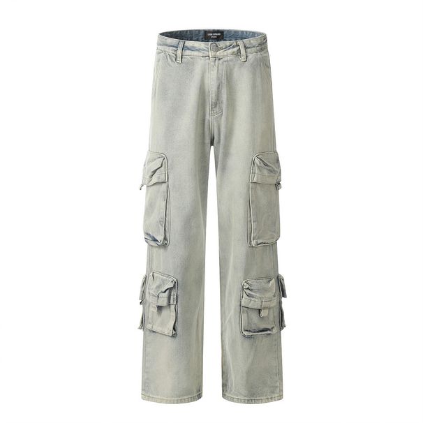 Punk Washed Faded Jeans For Men With Multiple Pockets, Vintage Straight-Leg Workwear, Trendy Vibe_viptrois.com