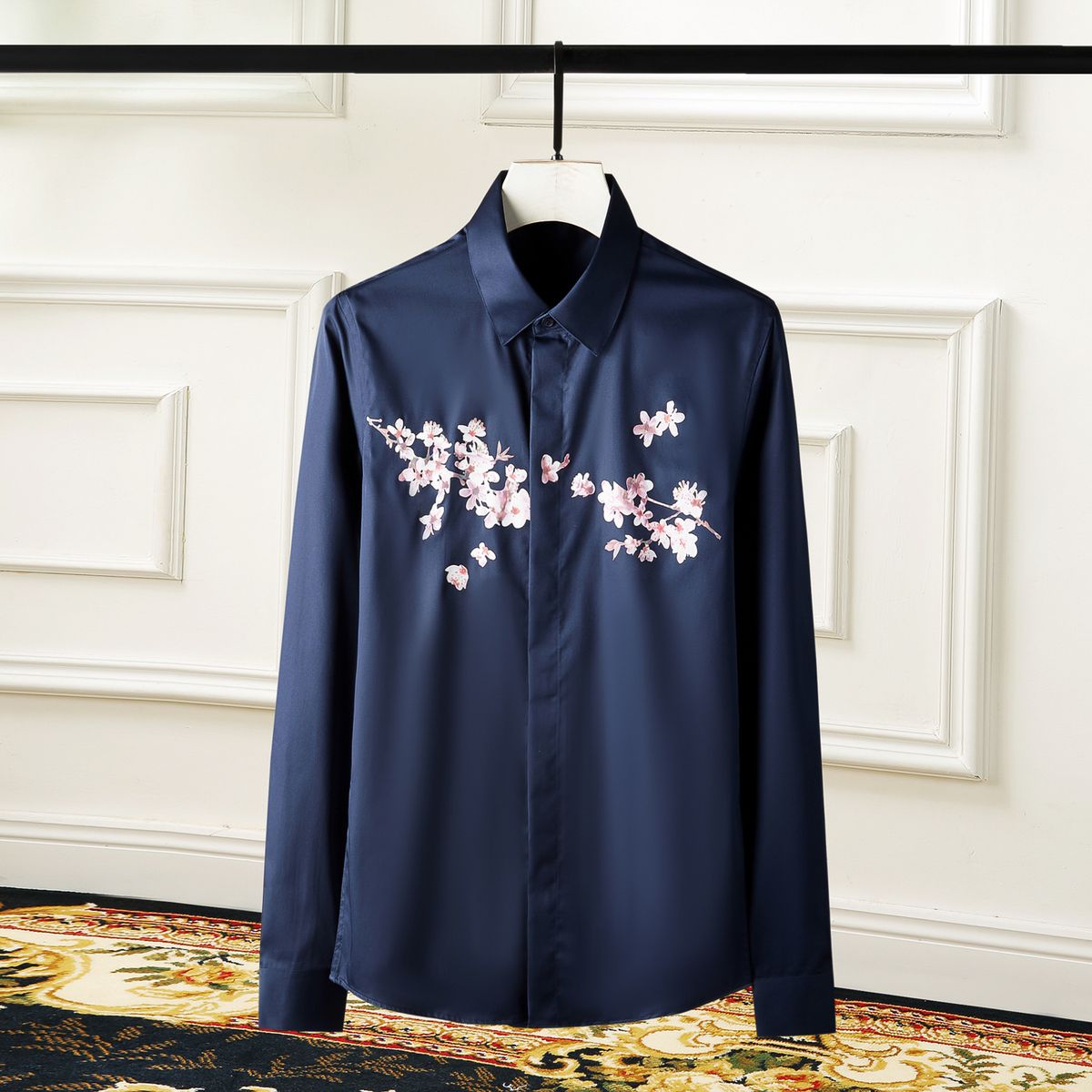 Men's Clothing Trendy Slim Fit Men's Casual Shirt Plum Blossom Print Premium Embroidered Dress Shirt Long Sleeve Oxford For Formal & Casual_viptrois.com