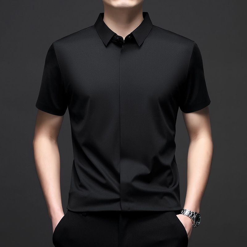 Men's Clothing Men's Short Sleeved Shirt Men's Summer Elastic Business Casual Solid Color Ice Silk Shirt Men's Wear_viptrois.com