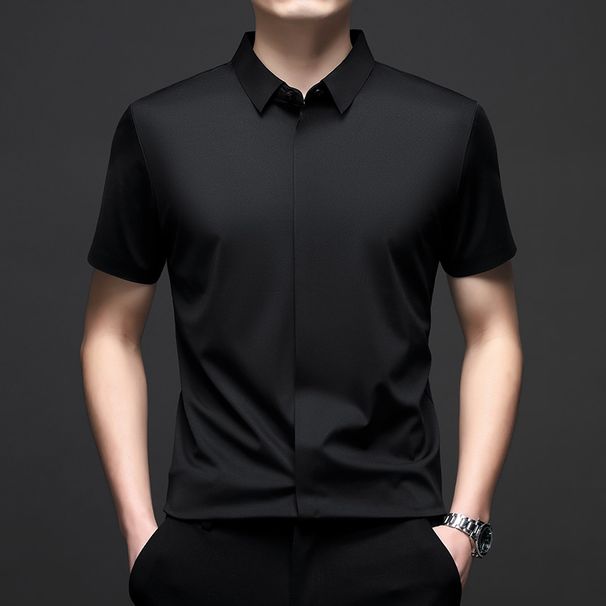 Men's Clothing Men's Short Sleeved Shirt Men's Summer Elastic Business Casual Solid Color Ice Silk Shirt Men's Wear_viptrois.com