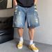 Retro American plus Size Men's Denim Shorts Casual Distressed Straight Leg Loose Fit Five Point Pants up to 300 Lbs_viptrois.com