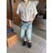 American Style Coconut Tree Embroidery Cuban Striped Short Sleeve Men Summer New Turn-down Collar Loose Casual Shirt_viptrois.com