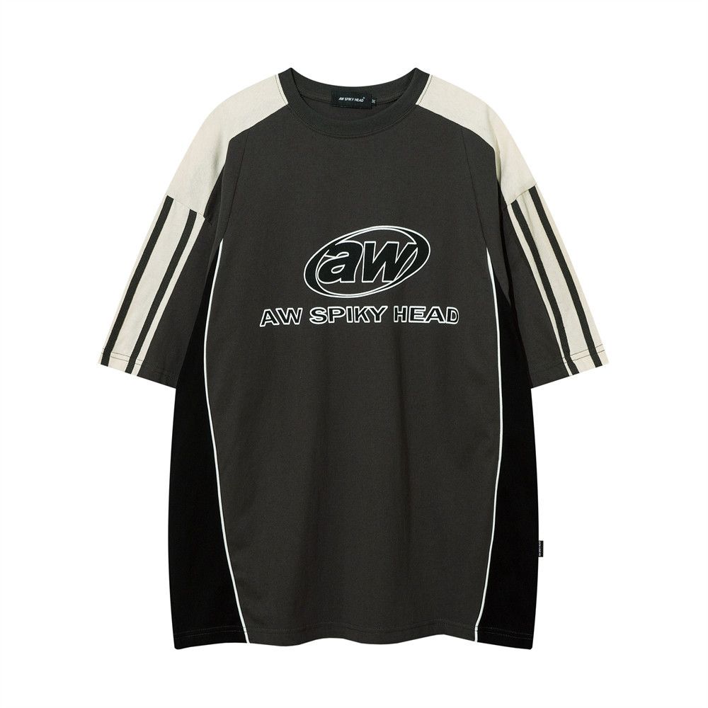 American sports splicing short-sleeved T-shirt men's summer loose cotton half-sleeved ins street trendy letter five-sleeve T-shirt_viptrois.com
