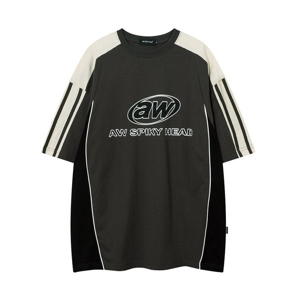 American sports splicing short-sleeved T-shirt men's summer loose cotton half-sleeved ins street trendy letter five-sleeve T-shirt_viptrois.com