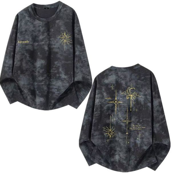 Y2K Techwear Retro Street Men's Black Tie Dye Long Sleeve Cotton T-Shirt With Vintage Graphic Print_viptrois.com