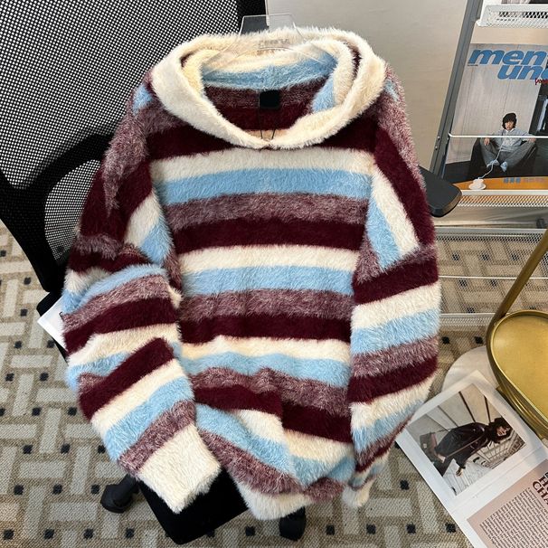 Men's Clothing Autumn/Winter American Retro Retro Striped Hooded Sweater – Unisex Oversized Knit Pullover In Blue & White (Cozy Winter Essential)_viptrois.com