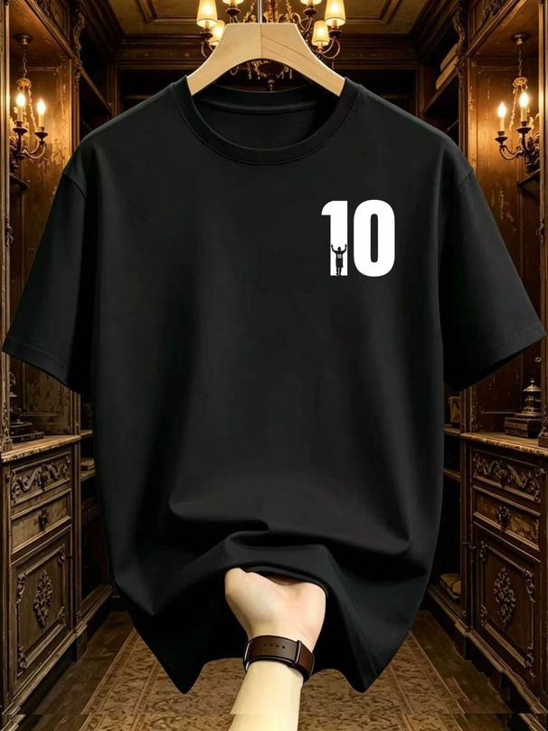 Maglietta Uomo Cotone 180g Stampa Silhouette Calcio Numero 10 Minimalista Maniche Corte Sport Casual Vestibilità Regolare_viptrois.com