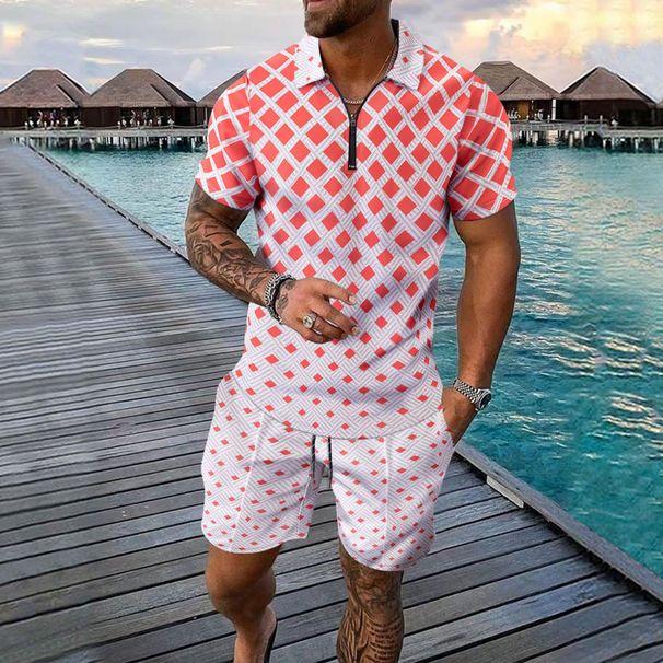 Men's Summer Plus Size Polo Shirt Print Set, Fashionable And Casual Sports Short Sleeved Shorts Two-piece Set_viptrois.com