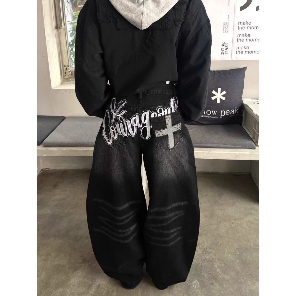Men's Clothing American Retro Black Scimitar Jeans For Women Spring High Street Design Loose Slim Drape Wide Leg Pants Cross Border_viptrois.com