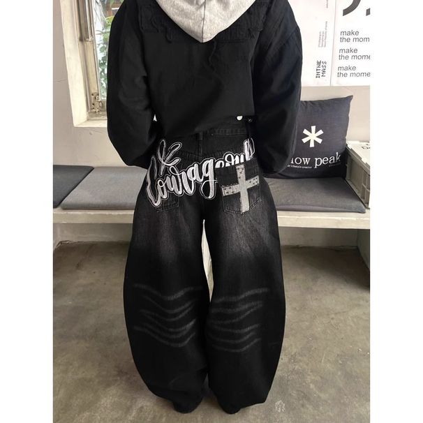 Men's Clothing American Retro Black Scimitar Jeans For Women Spring High Street Design Loose Slim Drape Wide Leg Pants Cross Border_viptrois.com