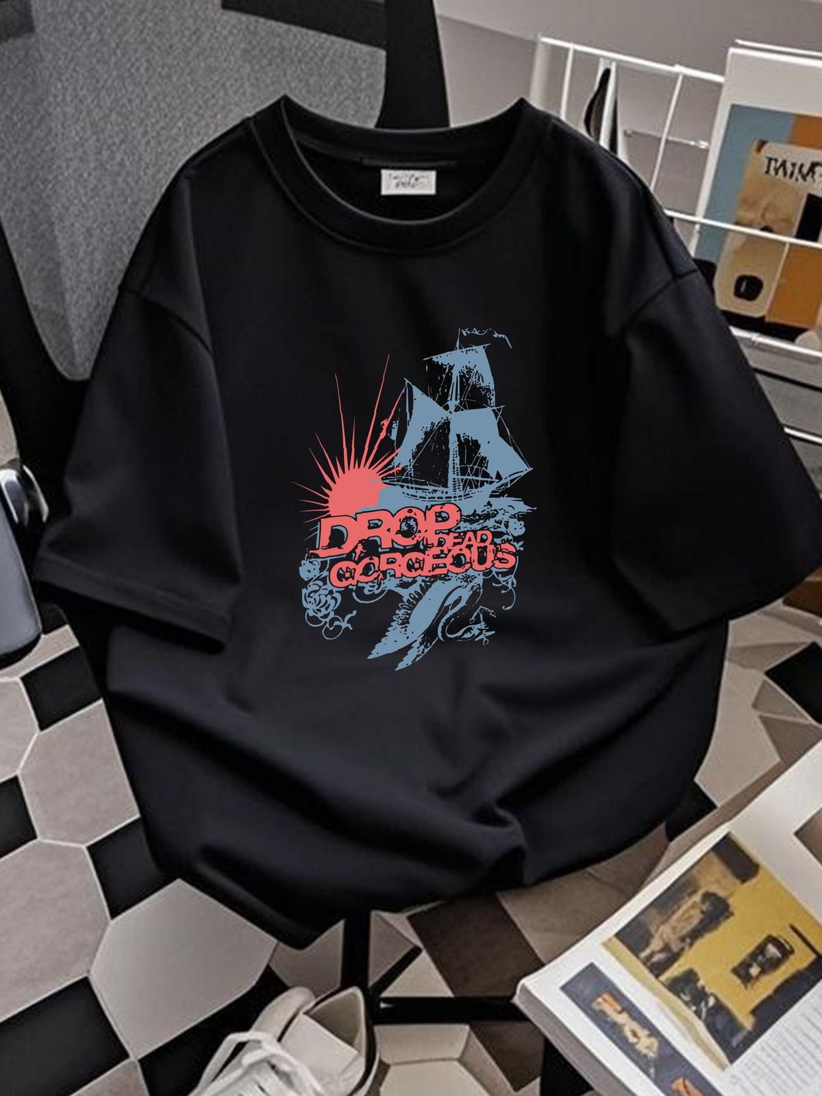 DROP DEAD, GORGEOUS Ghost Ship Emo Screamo Band T-Shirt Fashion Stretched Slightly Designer Clothes Streetwear Unisex Top For Everyday Wear_viptrois.com