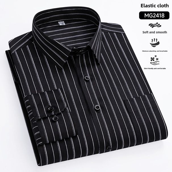 2025 Spring And Autumn New Elastic Striped Long Sleeve Shirt Men's Casual Fashion Cross-border Foreign Trade Non-ironing Men's Shirt Tide_viptrois.com