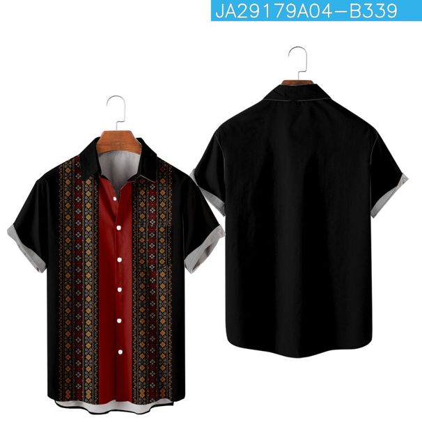 Men's Clothing Summer Striped Floral 3D Digital Printing Short Sleeve Fashion Lapel Pocket Shirt_viptrois.com