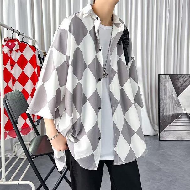 Trendy High Street High-end Fried Street Shirt Men's Short-sleeved Loose Seven-quarter-sleeved Inch Shirt Summer Mustard Green Shirt Men's_viptrois.com