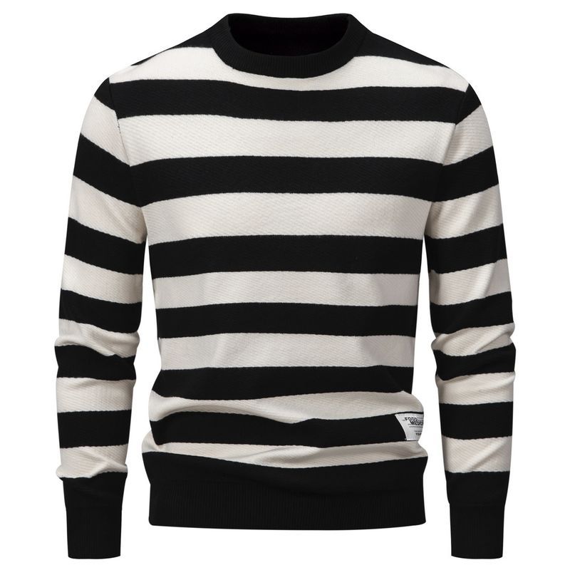 2023 New Winter Men's Slim Striped Round Neck Versatile Warm Pullover Sweater Bottoming Shirt_viptrois.com