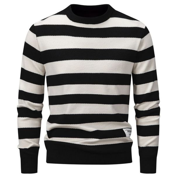 2023 New Winter Men's Slim Striped Round Neck Versatile Warm Pullover Sweater Bottoming Shirt_viptrois.com