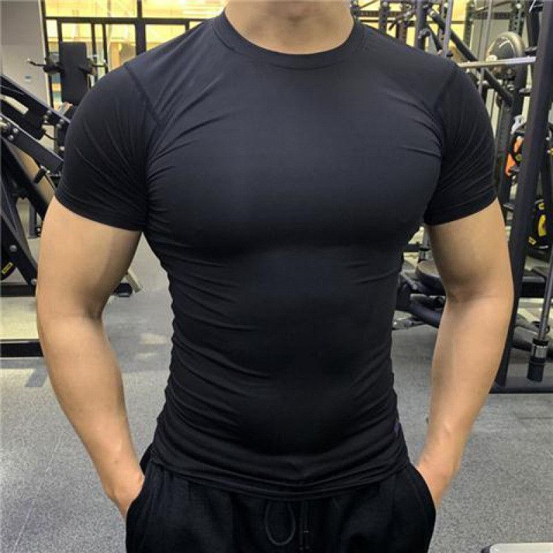 Men's Fitness Clothes Summer Sports Quick Drying Stretch Tights Short Sleeved Sweat Absorbent Training T Shirt Running Fitness Tops_viptrois.com