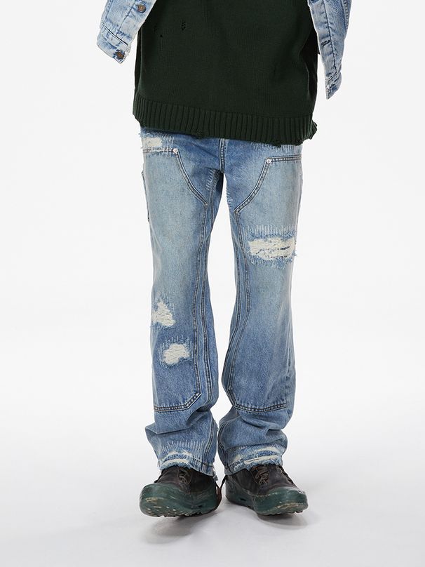 Men's Clothing Men's Retro Okayama Kojima High Ounce Washed Distressed Knee Lumberjack Pants American High Street Style Casual Fashion_viptrois.com