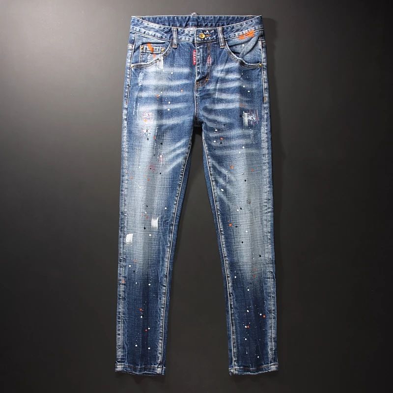 Men's Clothing Jeans - Vintage Washed Denim Pants With Handmade Rips Tching, Straight Leg Comfort Stretch For Casual Wear_viptrois.com