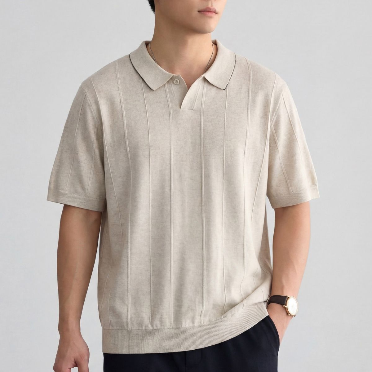 Men's Short Sleeve Polo Shirt Retro Solid Color Knitted Business Casual Summer Top New_viptrois.com