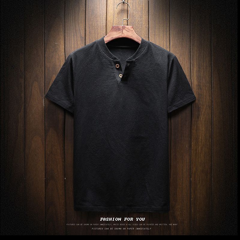Men's Clothing Linen Blend Short Sleeve T-Shirt Relaxed Fit Vintage V-Neck Breathable Casual Top (White, Black, Sky Blue, Navy, Gray Blue, Khaki)_viptrois.com